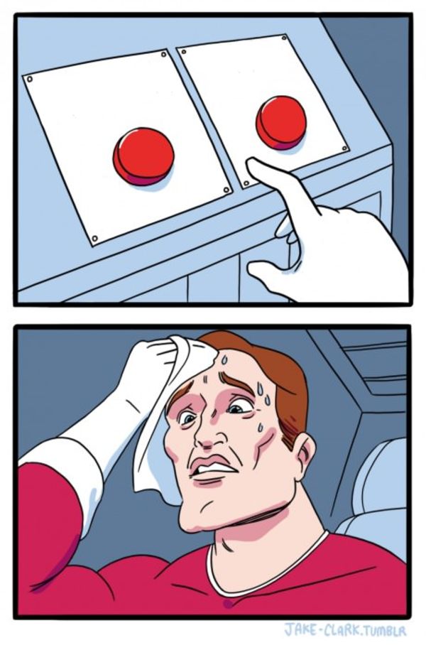 Two Buttons meme about Barkbus