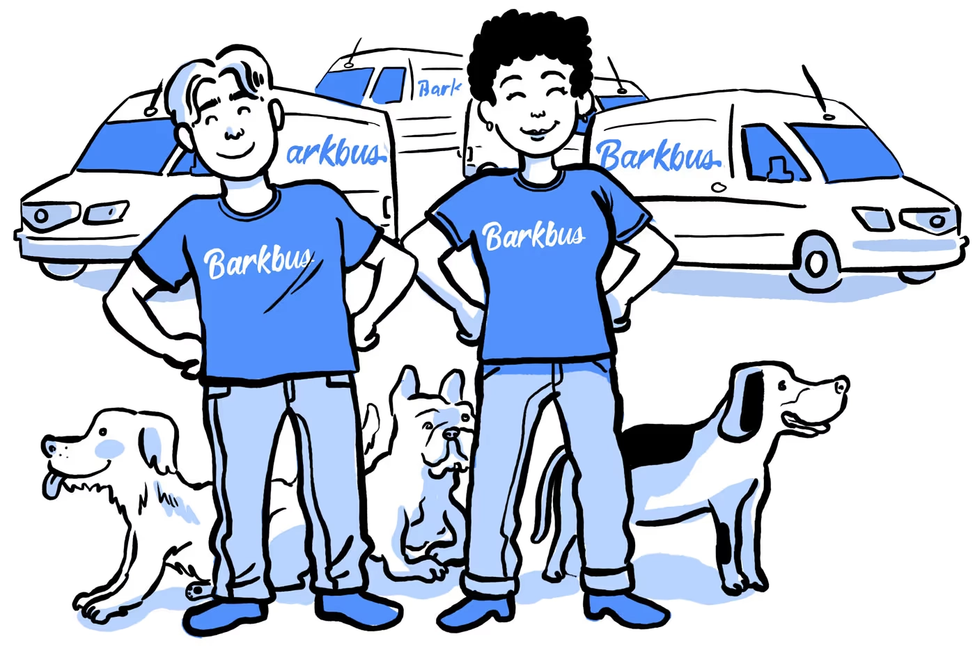 illustration of two happy dog groomers surrounded by dogs and two grooming vans with a white background